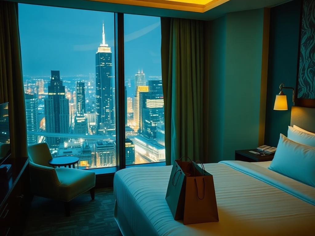 Stylish hotel suite with city view and shopping bags